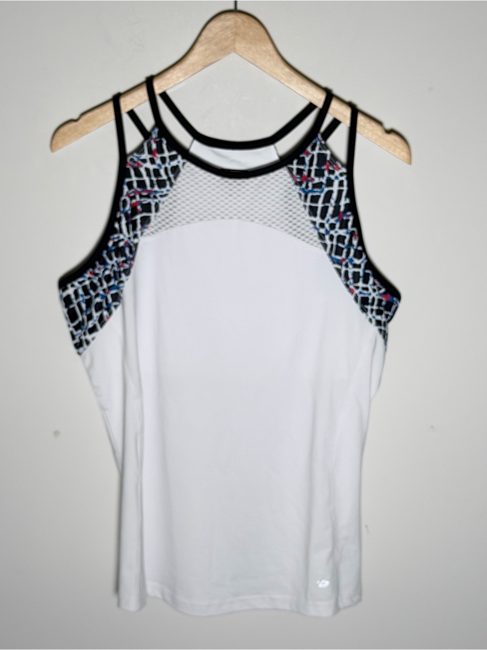 bolle White Athletic Tank with Navy Blue Trim and Geometric Accent Panels